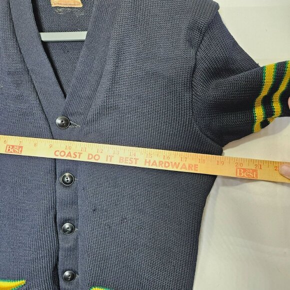 Vintage Men's Navy Lettermans Cardigan Sweater Yellow Stripes Pockets Flawed S - Picture 10 of 11